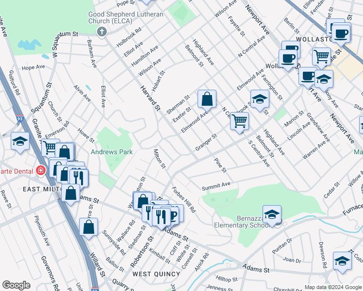 map of restaurants, bars, coffee shops, grocery stores, and more near 122 Piermont Street in Quincy