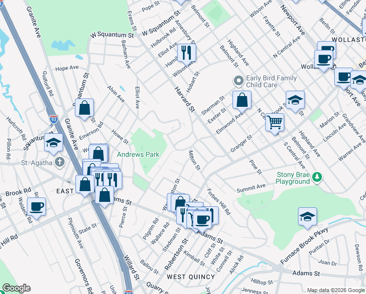 map of restaurants, bars, coffee shops, grocery stores, and more near 326 Elmwood Avenue in Quincy
