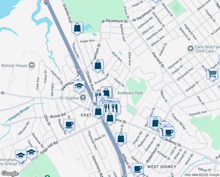 map of restaurants, bars, coffee shops, grocery stores, and more near 80 Franklin Street in Milton