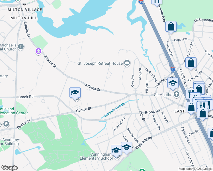 map of restaurants, bars, coffee shops, grocery stores, and more near 344 Adams Street in Milton