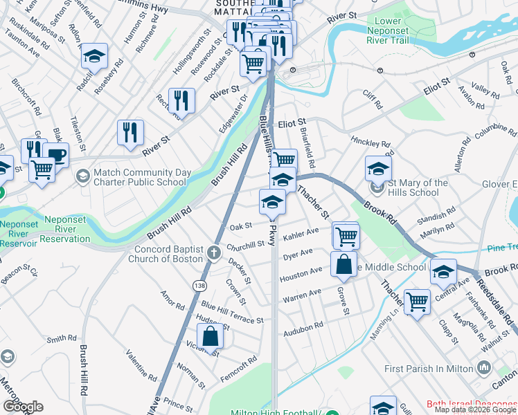 map of restaurants, bars, coffee shops, grocery stores, and more near 171 Blue Hills Parkway in Milton