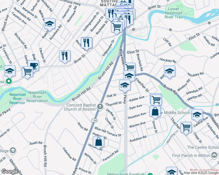 map of restaurants, bars, coffee shops, grocery stores, and more near 9 Belvoir Road in Milton