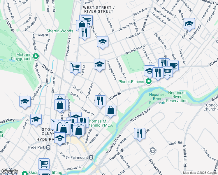 map of restaurants, bars, coffee shops, grocery stores, and more near 725 Metropolitan Avenue in Boston