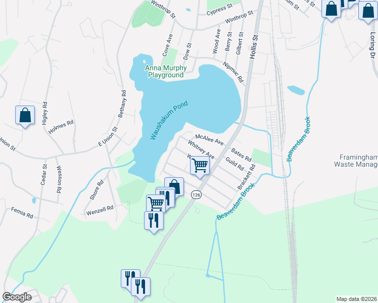 map of restaurants, bars, coffee shops, grocery stores, and more near 54 Willis Avenue in Framingham