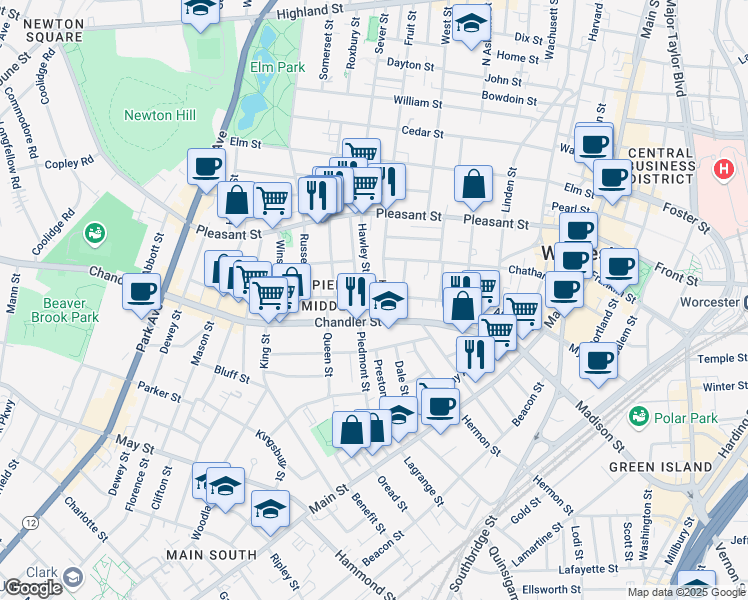 map of restaurants, bars, coffee shops, grocery stores, and more near 40 Newbury Street in Worcester
