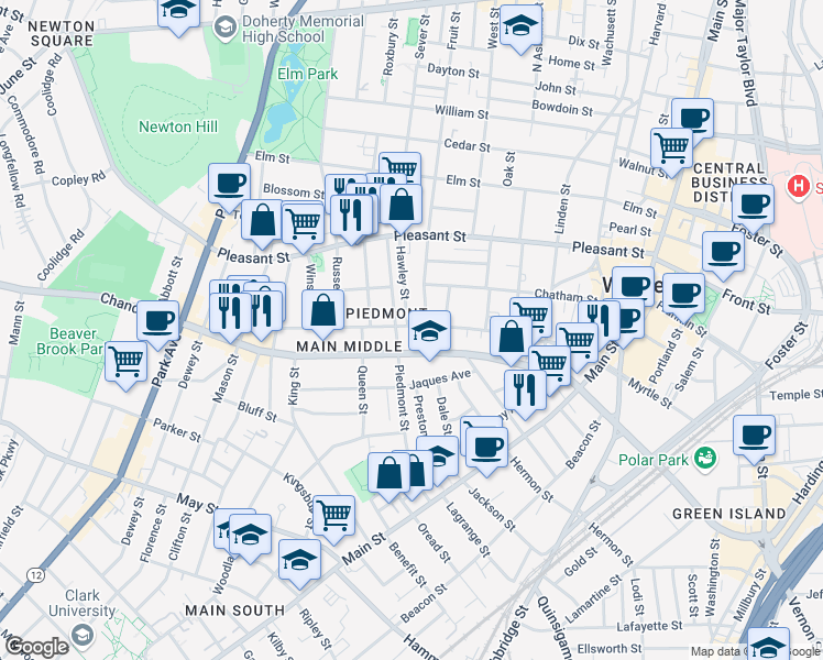 map of restaurants, bars, coffee shops, grocery stores, and more near 40 Newbury Street in Worcester