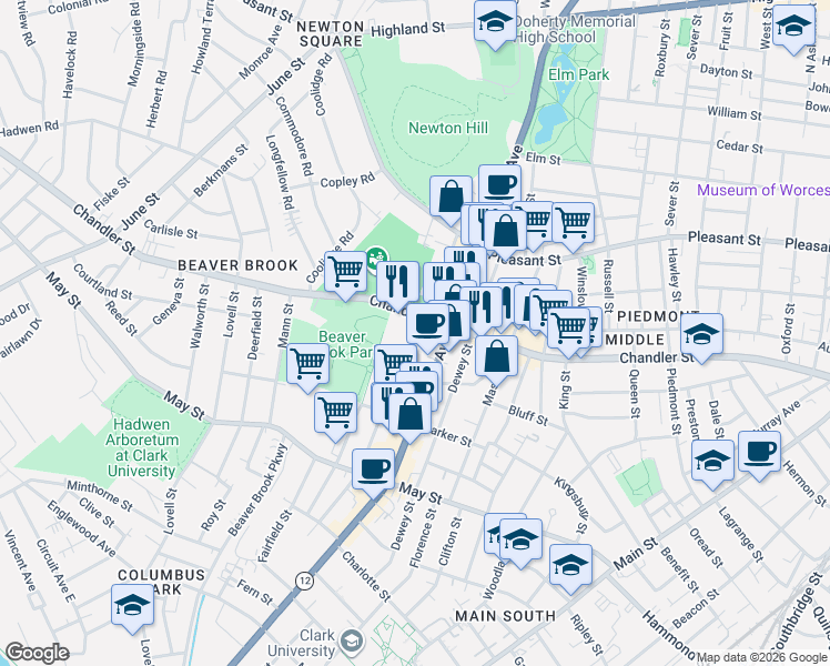 map of restaurants, bars, coffee shops, grocery stores, and more near 320 Park Street in Worcester