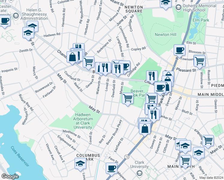 map of restaurants, bars, coffee shops, grocery stores, and more near 306 Lovell Street in Worcester