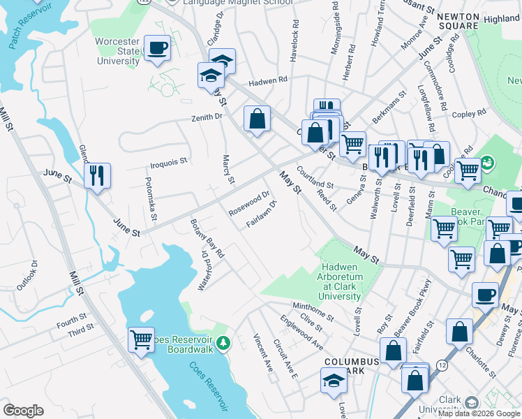 map of restaurants, bars, coffee shops, grocery stores, and more near 7 Fairlawn Drive in Worcester