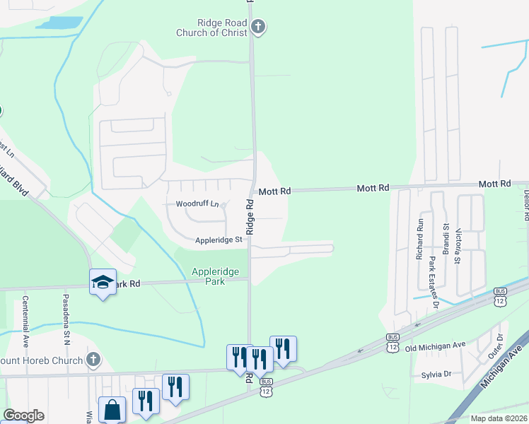 map of restaurants, bars, coffee shops, grocery stores, and more near 1430 Ridge Road in Ypsilanti