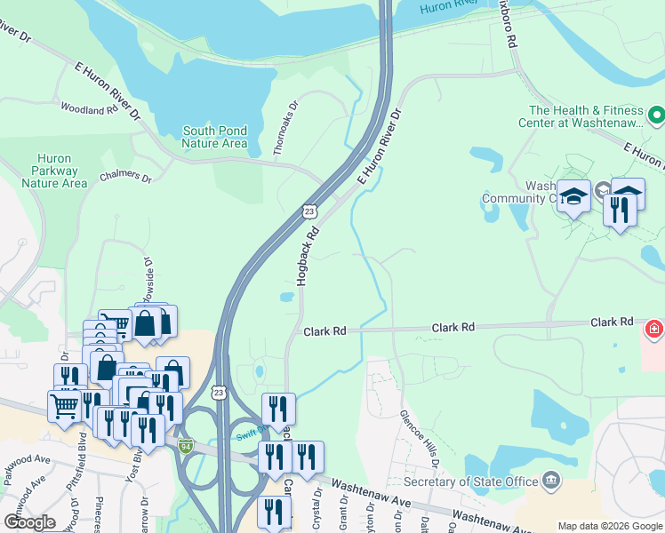 map of restaurants, bars, coffee shops, grocery stores, and more near 1235 Hogback Road in Ann Arbor