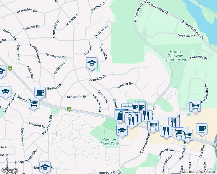 map of restaurants, bars, coffee shops, grocery stores, and more near 2916 Exmoor Road in Ann Arbor