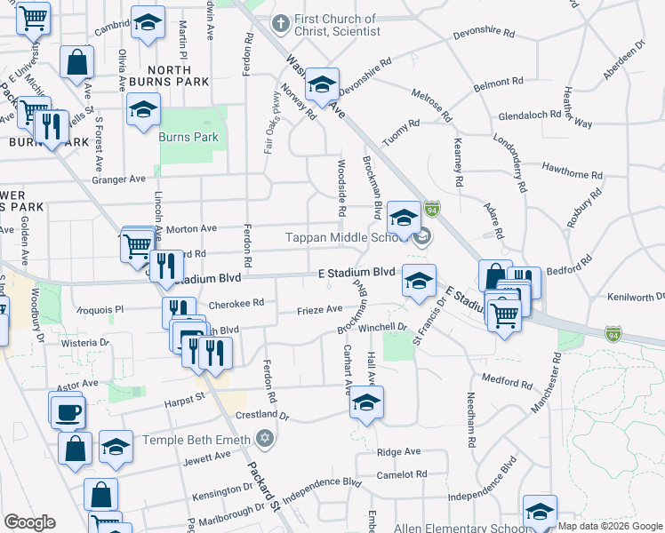 map of restaurants, bars, coffee shops, grocery stores, and more near 2500 Brockman Boulevard in Ann Arbor