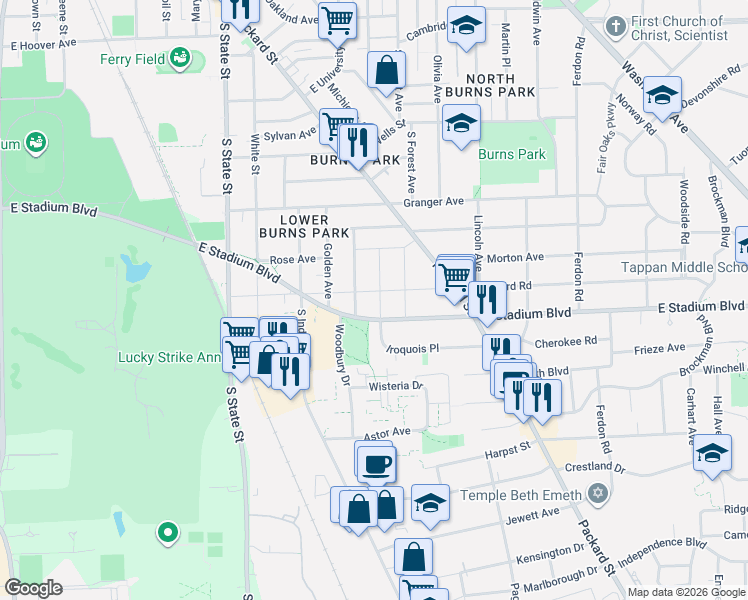map of restaurants, bars, coffee shops, grocery stores, and more near 1205 East Stadium Boulevard in Ann Arbor
