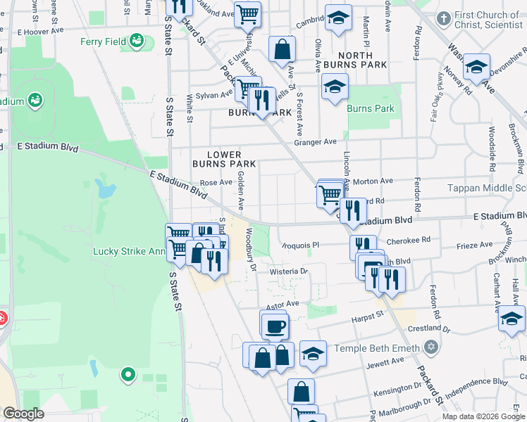 map of restaurants, bars, coffee shops, grocery stores, and more near 1205 East Stadium Boulevard in Ann Arbor