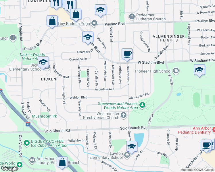 map of restaurants, bars, coffee shops, grocery stores, and more near 1640 Avondale Avenue in Ann Arbor