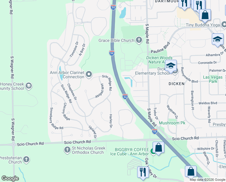 map of restaurants, bars, coffee shops, grocery stores, and more near 1629 Scio Ridge Road in Ann Arbor