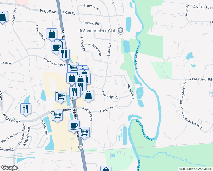 map of restaurants, bars, coffee shops, grocery stores, and more near 1406 James Court in Libertyville