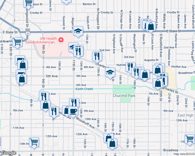 map of restaurants, bars, coffee shops, grocery stores, and more near 1649 5th Avenue in Rockford