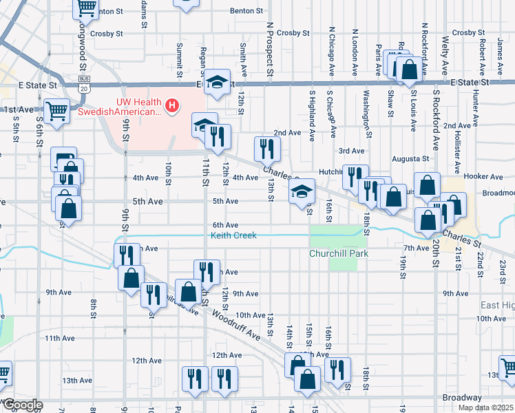 map of restaurants, bars, coffee shops, grocery stores, and more near 1649 5th Avenue in Rockford