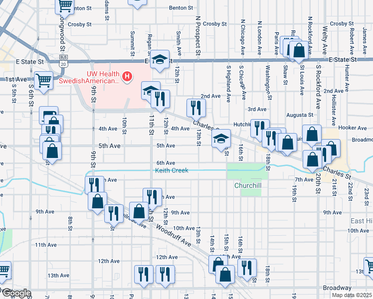map of restaurants, bars, coffee shops, grocery stores, and more near 1649 5th Avenue in Rockford