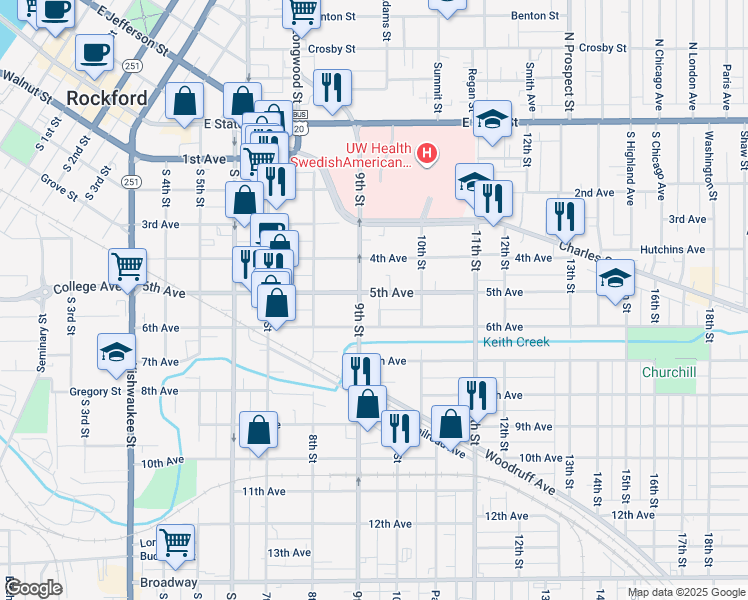 map of restaurants, bars, coffee shops, grocery stores, and more near 616 6th Avenue Court in Rockford
