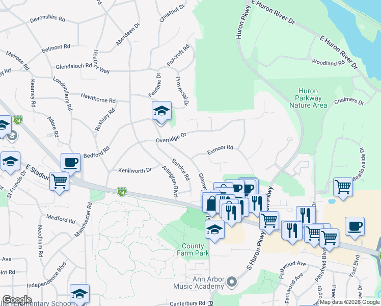 map of restaurants, bars, coffee shops, grocery stores, and more near 2916 Exmoor Road in Ann Arbor