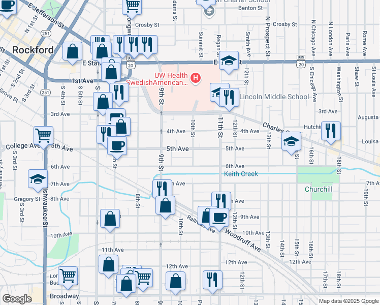 map of restaurants, bars, coffee shops, grocery stores, and more near 1359 5th Avenue in Rockford