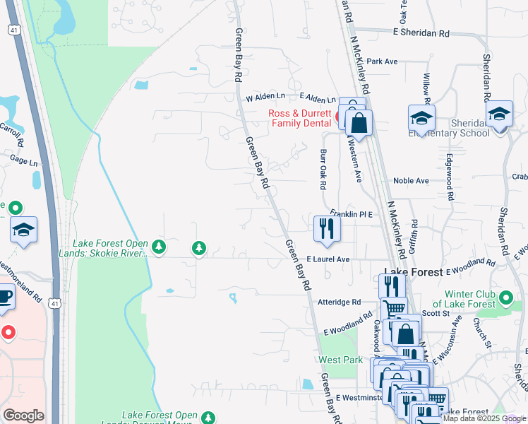map of restaurants, bars, coffee shops, grocery stores, and more near 1150 Green Bay Road in Lake Forest