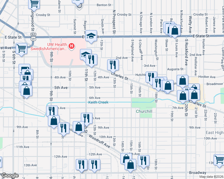 map of restaurants, bars, coffee shops, grocery stores, and more near 1649 5th Avenue in Rockford