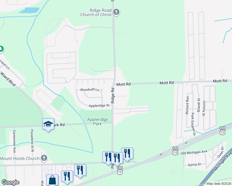 map of restaurants, bars, coffee shops, grocery stores, and more near 1430 Ridge Road in Ypsilanti
