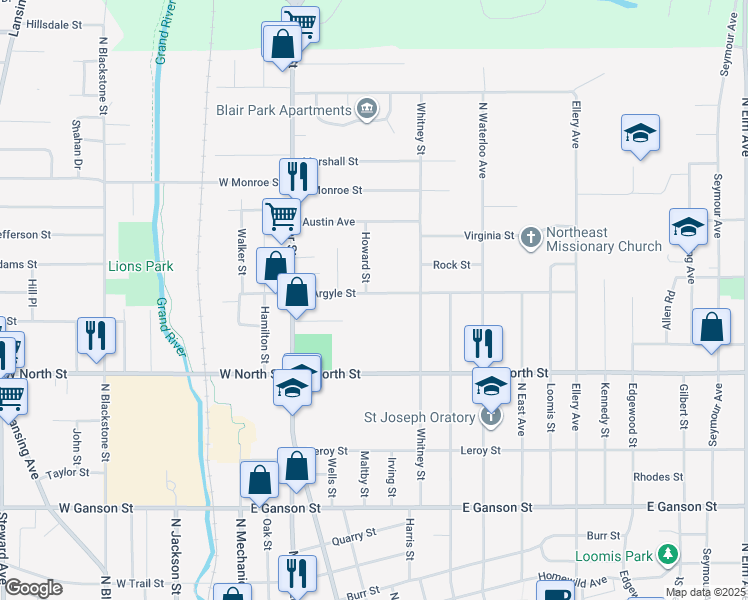 map of restaurants, bars, coffee shops, grocery stores, and more near 401 East Argyle Street in Jackson