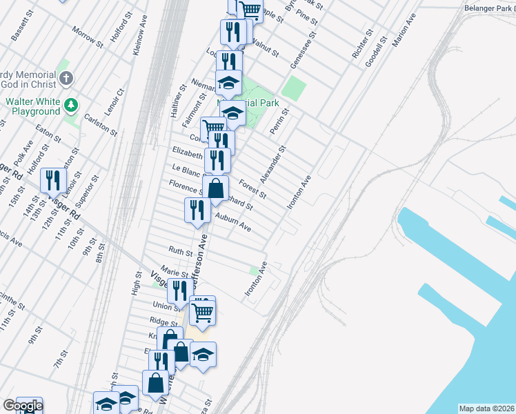 map of restaurants, bars, coffee shops, grocery stores, and more near 57 Orchard Street in River Rouge