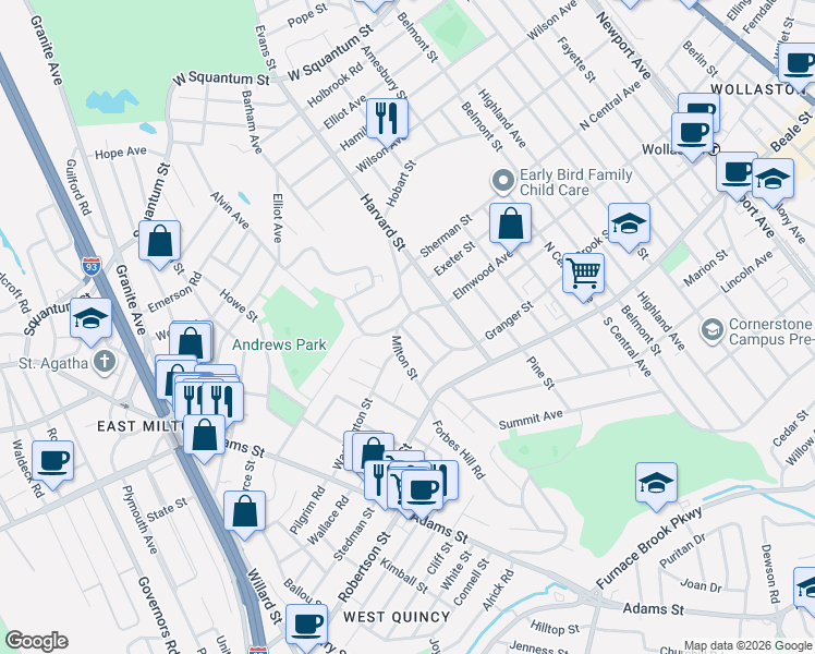 map of restaurants, bars, coffee shops, grocery stores, and more near 11 Albany Street in Quincy