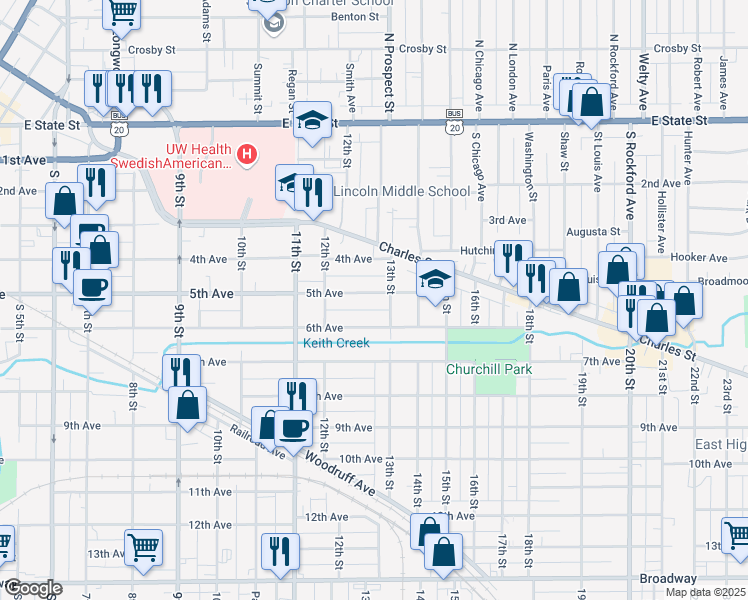 map of restaurants, bars, coffee shops, grocery stores, and more near 1649 5th Avenue in Rockford