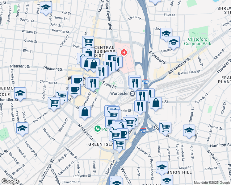 map of restaurants, bars, coffee shops, grocery stores, and more near 145 Front Street in Worcester