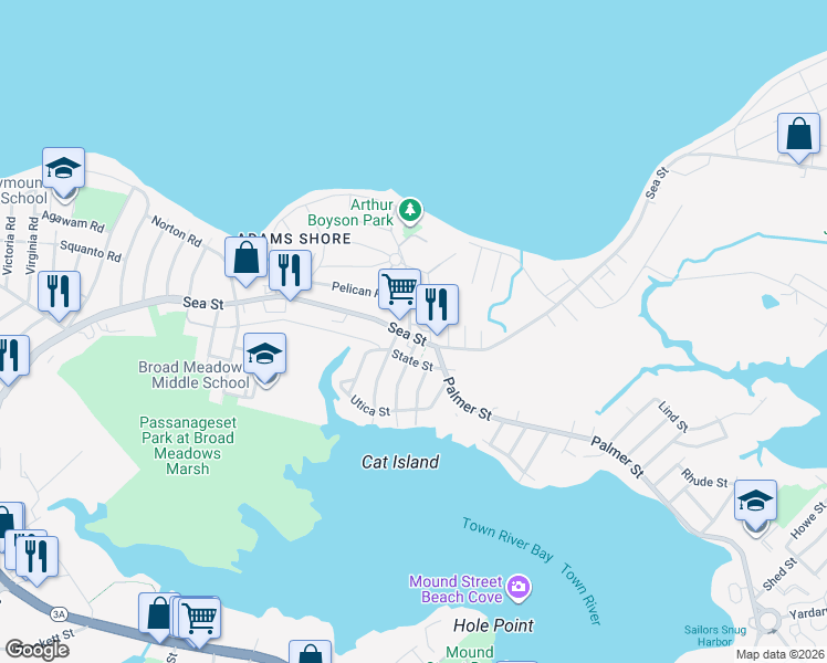 map of restaurants, bars, coffee shops, grocery stores, and more near 493-495 Sea Street in Quincy