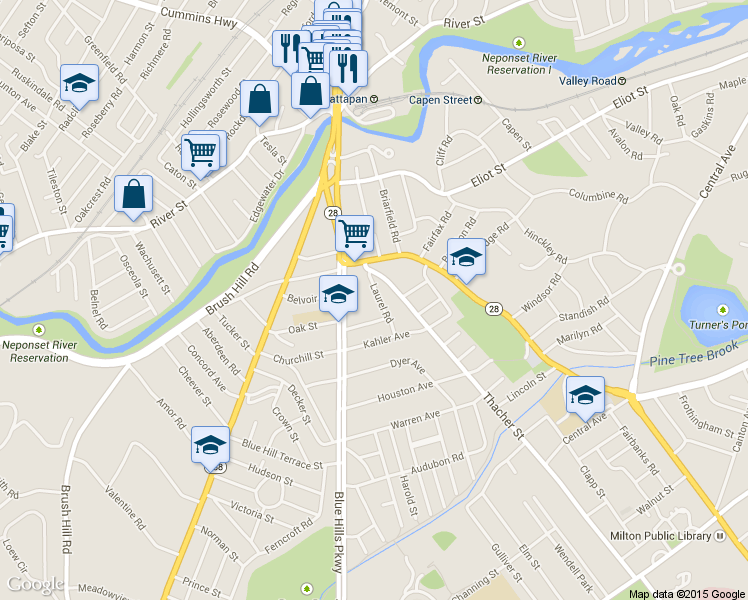 map of restaurants, bars, coffee shops, grocery stores, and more near 17 Laurel Road in Milton