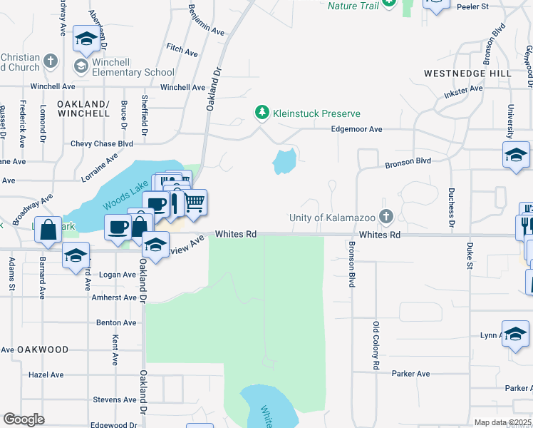 map of restaurants, bars, coffee shops, grocery stores, and more near 1628 Whites Road in Kalamazoo