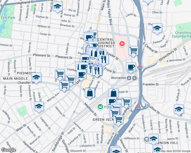 map of restaurants, bars, coffee shops, grocery stores, and more near in Worcester