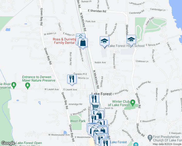 map of restaurants, bars, coffee shops, grocery stores, and more near 1301 North Western Avenue in Lake Forest