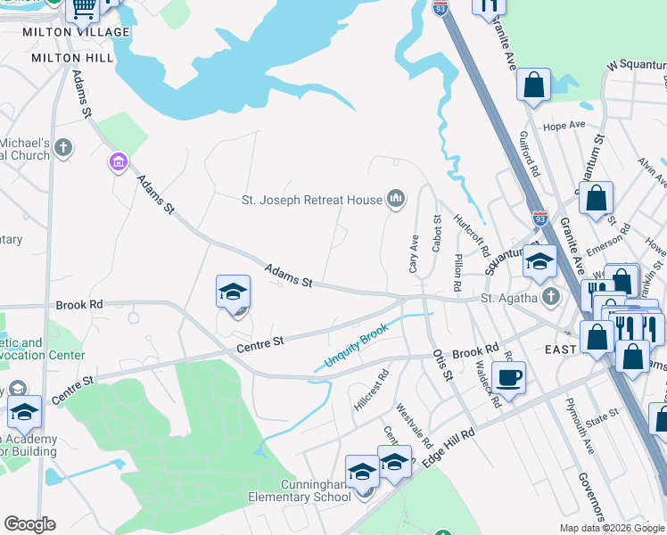 map of restaurants, bars, coffee shops, grocery stores, and more near 344 Adams Street in Milton
