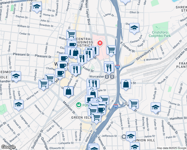 map of restaurants, bars, coffee shops, grocery stores, and more near 65 Foster Street in Worcester