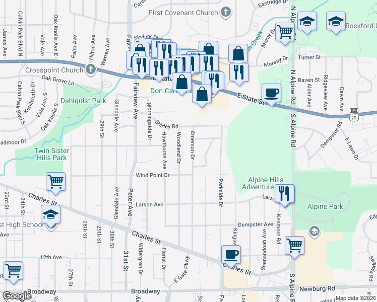map of restaurants, bars, coffee shops, grocery stores, and more near 520 Woodland Drive in Rockford