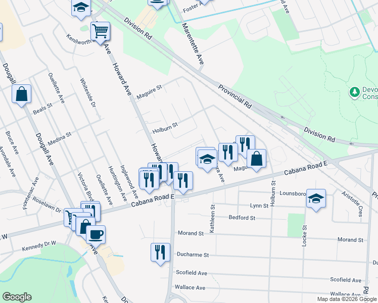 map of restaurants, bars, coffee shops, grocery stores, and more near 595 Lily Mac Boulevard in Windsor