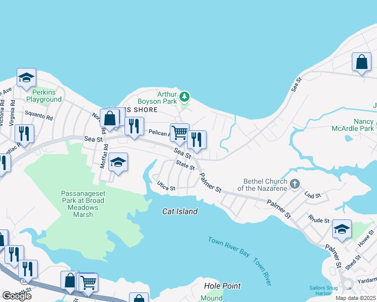 map of restaurants, bars, coffee shops, grocery stores, and more near 493-495 Sea Street in Quincy