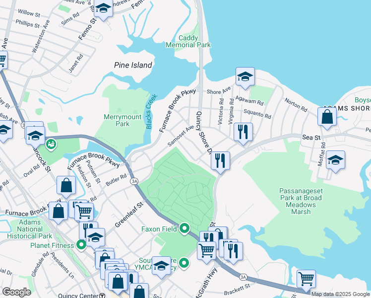 map of restaurants, bars, coffee shops, grocery stores, and more near 69 Longwood Road in Quincy