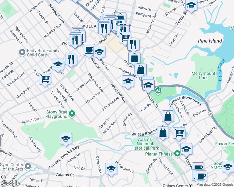 map of restaurants, bars, coffee shops, grocery stores, and more near 17 South Central Avenue in Quincy