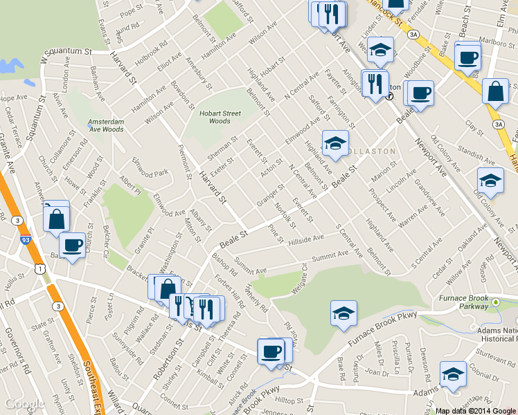 map of restaurants, bars, coffee shops, grocery stores, and more near 321 Beale Street in Quincy