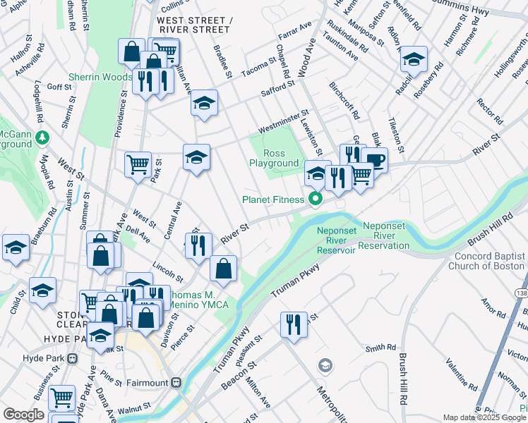 map of restaurants, bars, coffee shops, grocery stores, and more near 968 River Street in Boston